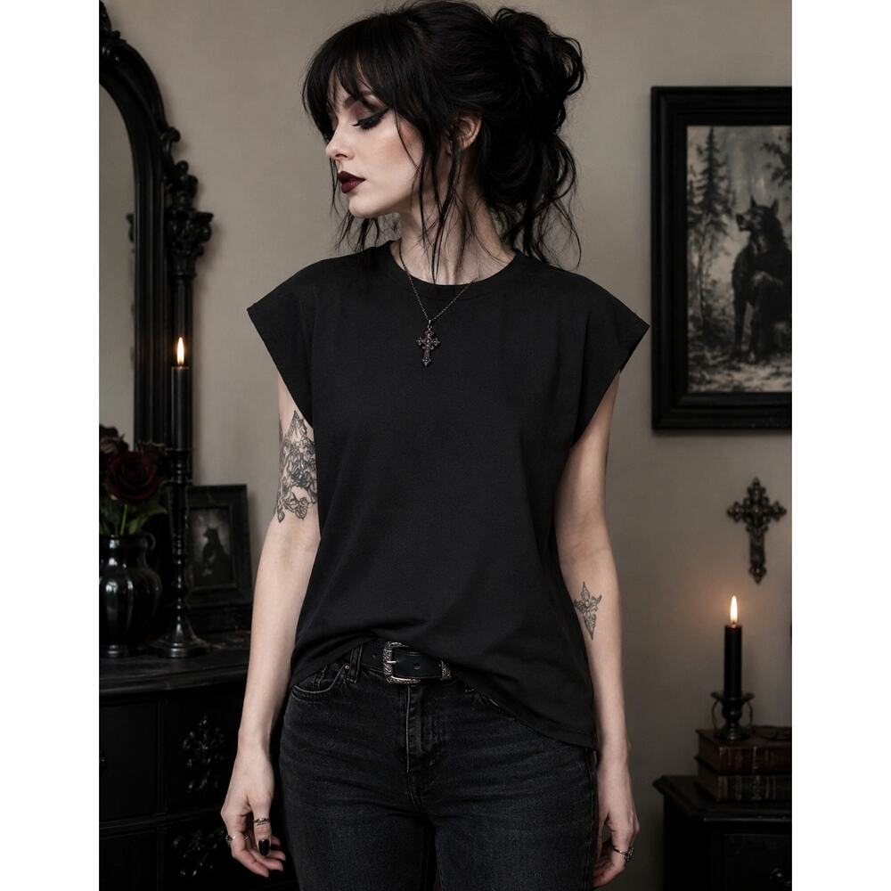 Double Zero Women's Tunic Blouse Black Short Sleeve Top Size Small